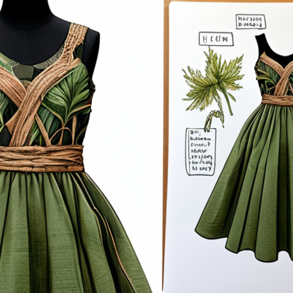 A fashion design sketch of a woman's dress, incorporating sustainable materials and nature-inspired elements, displayed on a mood board.
