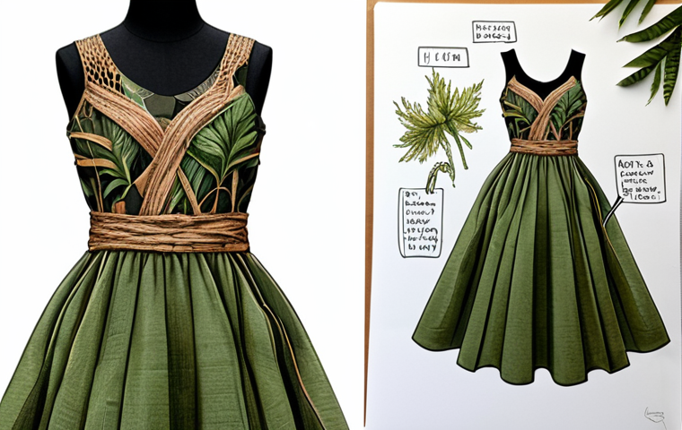 A fashion design sketch of a woman's dress, incorporating sustainable materials and nature-inspired elements, displayed on a mood board.