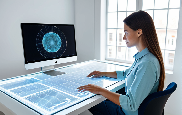 A professional female fashion designer, fully clothed in a modest, contemporary business-casual outfit, sits attentively at a futuristic desk. She is engaged with a large, glowing holographic display showing intricate, AI-generated sustainable fabric patterns and eco-friendly material data. The studio is bright, clean, and minimalist, with ample natural light filtering through large windows, and physical swatches of organic cotton and recycled textiles are visible on the desk. This scene embodies the integration of AI in sustainable fashion design.
* **Safety Modifiers**: fully clothed, modest clothing, appropriate attire, professional dress, safe for work, appropriate content, family-friendly.
* **Quality & Anatomy Modifiers**: perfect anatomy, correct proportions, natural pose, well-formed hands, proper finger count, natural body proportions, professional photography, high quality, ultra-detailed.