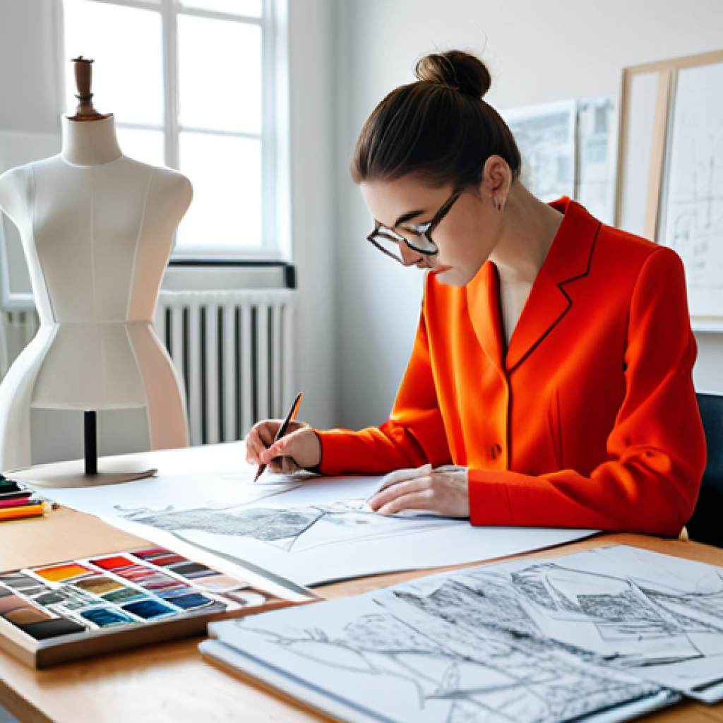 **

"A fashion designer sketching a dress design in a brightly lit studio.  Fabric swatches and design inspirations are scattered around the desk.  She is fully clothed in a stylish, modest outfit. Safe for work, appropriate content, professional, perfect anatomy, natural proportions."

**
