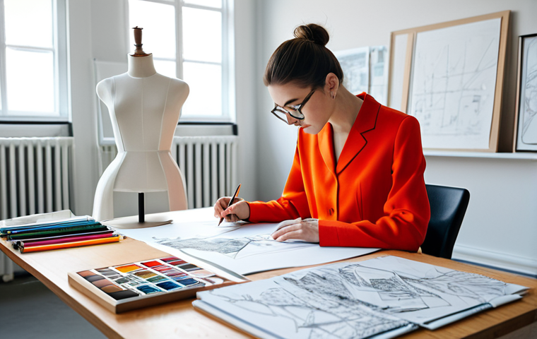 **

"A fashion designer sketching a dress design in a brightly lit studio.  Fabric swatches and design inspirations are scattered around the desk.  She is fully clothed in a stylish, modest outfit. Safe for work, appropriate content, professional, perfect anatomy, natural proportions."

**