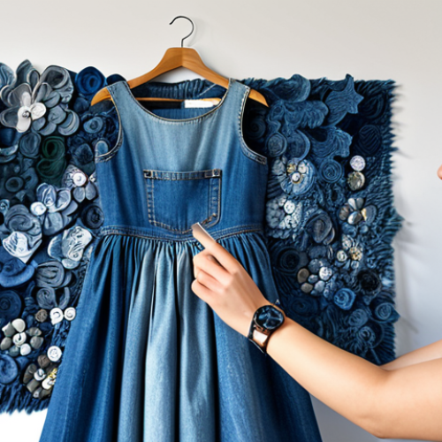 Home 23 Fashion Design**
A fashion design studio showcasing sustainable practices: a designer working on a dress made from recycled denim, organic cotton swatches displayed, digital art textiles on the wall. Safe for work, appropriate content, fully clothed, professional.
**