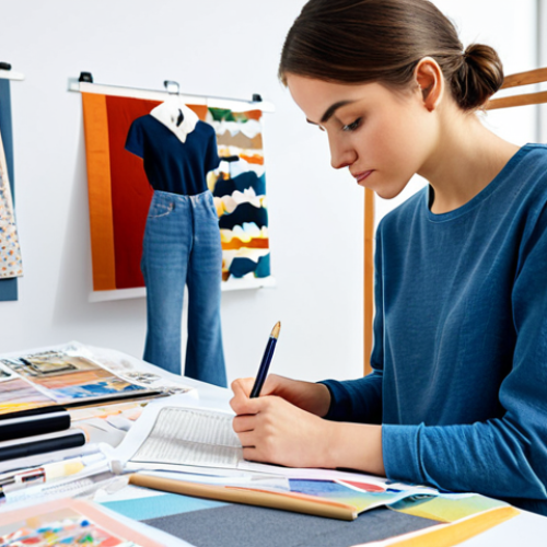 Home 11 Aspiring Fashion Designer**
A young woman sketching designs in a brightly lit studio, surrounded by fabric samples and fashion magazines, fully clothed in a modest top and jeans, appropriate attire, safe for work, perfect anatomy, natural proportions, professional illustration, high quality.
**
