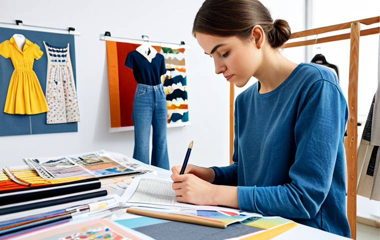 Aspiring Fashion Designer**
A young woman sketching designs in a brightly lit studio, surrounded by fabric samples and fashion magazines, fully clothed in a modest top and jeans, appropriate attire, safe for work, perfect anatomy, natural proportions, professional illustration, high quality.
**