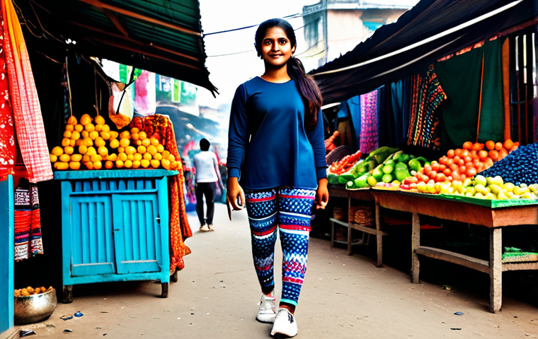 Comfortable and Stylish Everyday Wear**

A young Bengali woman in fully clothed, modest sportswear-inspired attire walks through a vibrant Dhaka street market. She's wearing stylish leggings, a comfortable, long-sleeved top with Bengali-inspired graphic patterns, and sporty sneakers. The background features colorful stalls with textiles and produce. Safe for work, appropriate content, perfect anatomy, natural proportions, family-friendly, high quality.

**