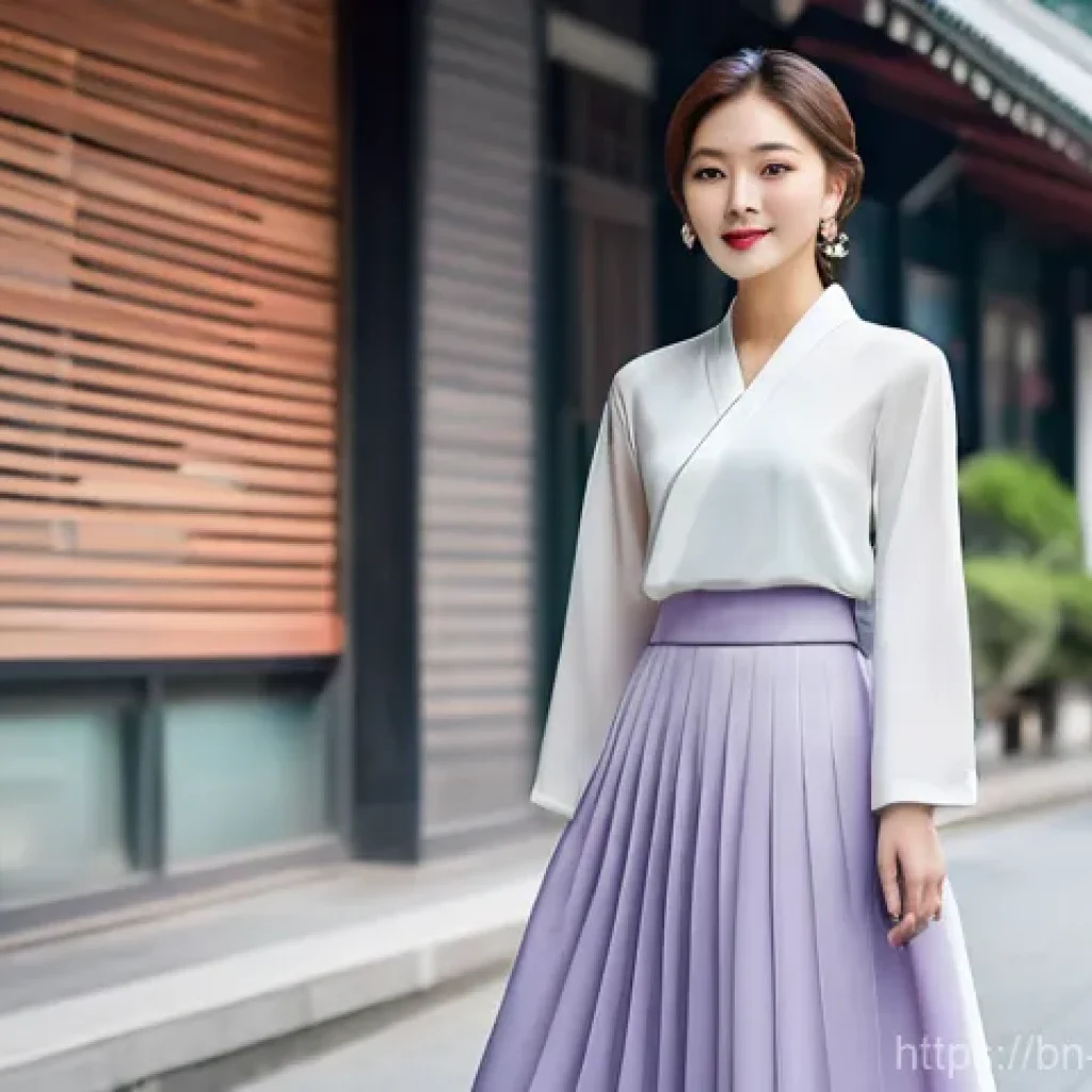패션디자인과 한복 디자인 - **Modern Hanbok Elegance in an Urban Setting**
    "A confident young woman, mid-20s, with a modern,...