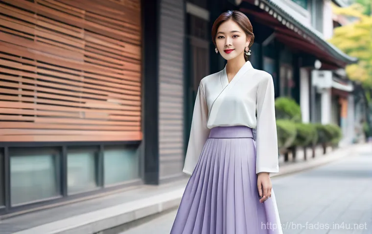 패션디자인과 한복 디자인 - **Modern Hanbok Elegance in an Urban Setting**
    "A confident young woman, mid-20s, with a modern,...