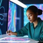 Home 7 패션디자인과 AI 활용 - **Prompt:** A young, diverse female fashion designer, with vibrant, expressive eyes, sketching on a ...