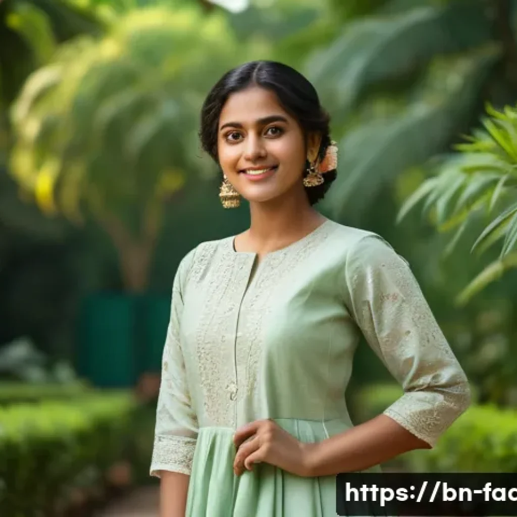 패션디자인과 패션스타일 분석 - A confident Bengali woman standing outdoors during daytime, wearing a classic A-line dress with subt...