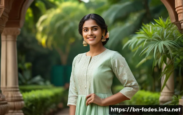 패션디자인과 패션스타일 분석 - A confident Bengali woman standing outdoors during daytime, wearing a classic A-line dress with subt...