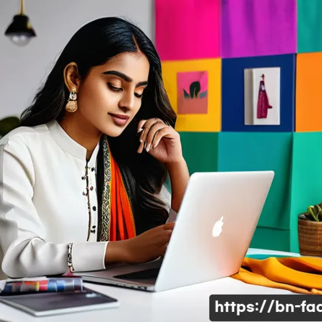 패션디자인과 SNS 브랜딩 - A vibrant digital fashion studio scene featuring a young Bengali female fashion designer showcasing ...