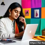 패션디자인과 SNS 브랜딩 - A vibrant digital fashion studio scene featuring a young Bengali female fashion designer showcasing ...