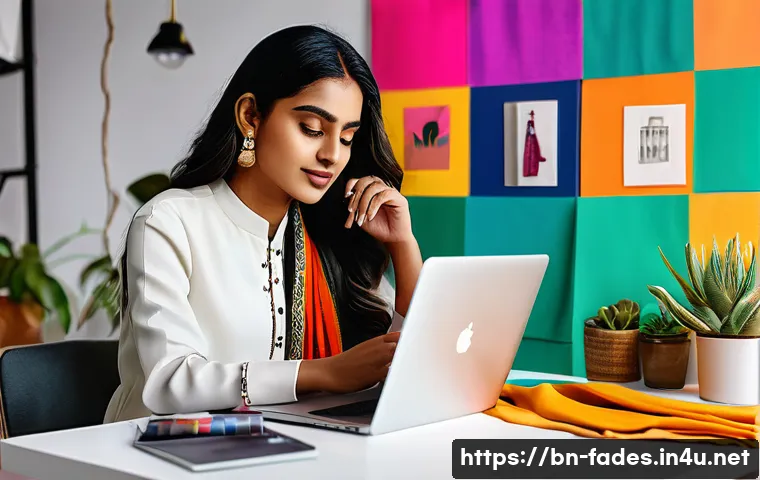 패션디자인과 SNS 브랜딩 - A vibrant digital fashion studio scene featuring a young Bengali female fashion designer showcasing ...