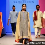 패션 디자인 트렌드 예측 - A futuristic fashion show runway featuring models wearing smart clothing made from eco-friendly orga...