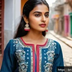 패션디자인과 패션잡지 - A vibrant street fashion scene inspired by Bengali culture, showcasing a young adult wearing colorfu...
