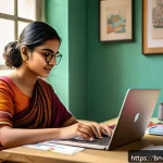 패션디자인과 온라인 강의 - A young Bengali woman sitting comfortably in a modern home workspace, attentively watching an online...