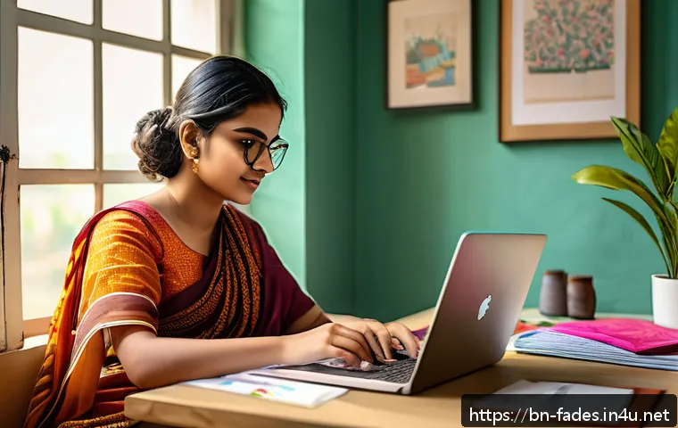 패션디자인과 온라인 강의 - A young Bengali woman sitting comfortably in a modern home workspace, attentively watching an online...