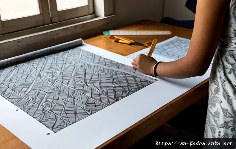 패션디자인과 패션패턴 분석 - Photorealistic fashion design studio scene, a South Asian fashion student carefully comparing a hand...