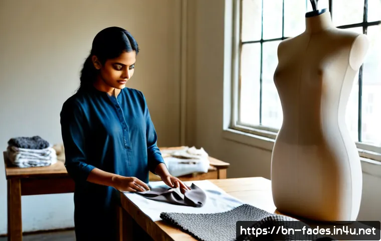 패션디자인과 패션소재 혁신 - Photorealistic fashion design studio, a South Asian fashion designer examining innovative sustainabl...