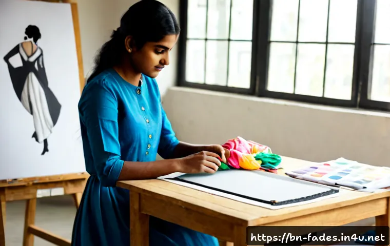 패션디자인과 패션인터뷰 - Photorealistic fashion design studio scene, a Bangladeshi fashion design student arranging colorful ...