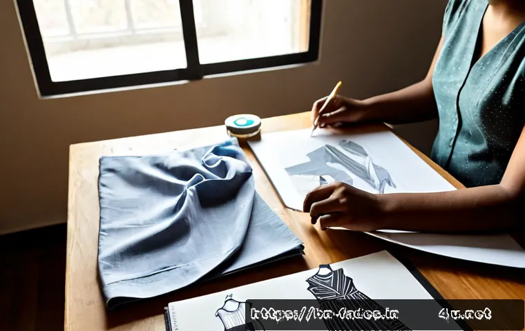 패션디자인과 패션포토북 - Photorealistic fashion design studio scene, a young South Asian designer carefully arranging fabric ...